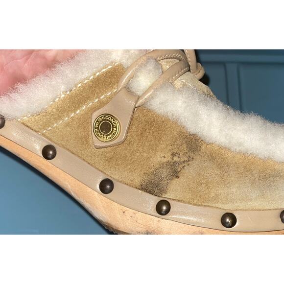 Vintage Y2K COACH RUTHIE Tan Suede SHEARLING Fur WOODEN CLOG Mules Sz 8 ITALY - Picture 8 of 8